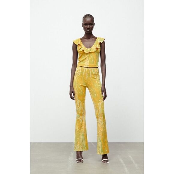 NWT Zara Yellow & Green Jacquard High Waisted Pull On Flare Pants, Size Medium - Picture 2 of 16